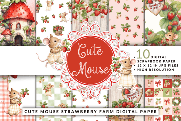 Download Cute Mouse Strawberry Farm Digital Paper - Cute Collection