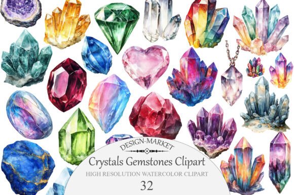 Download Watercolor Crystals Gemstones Clipart - Stone Collection
